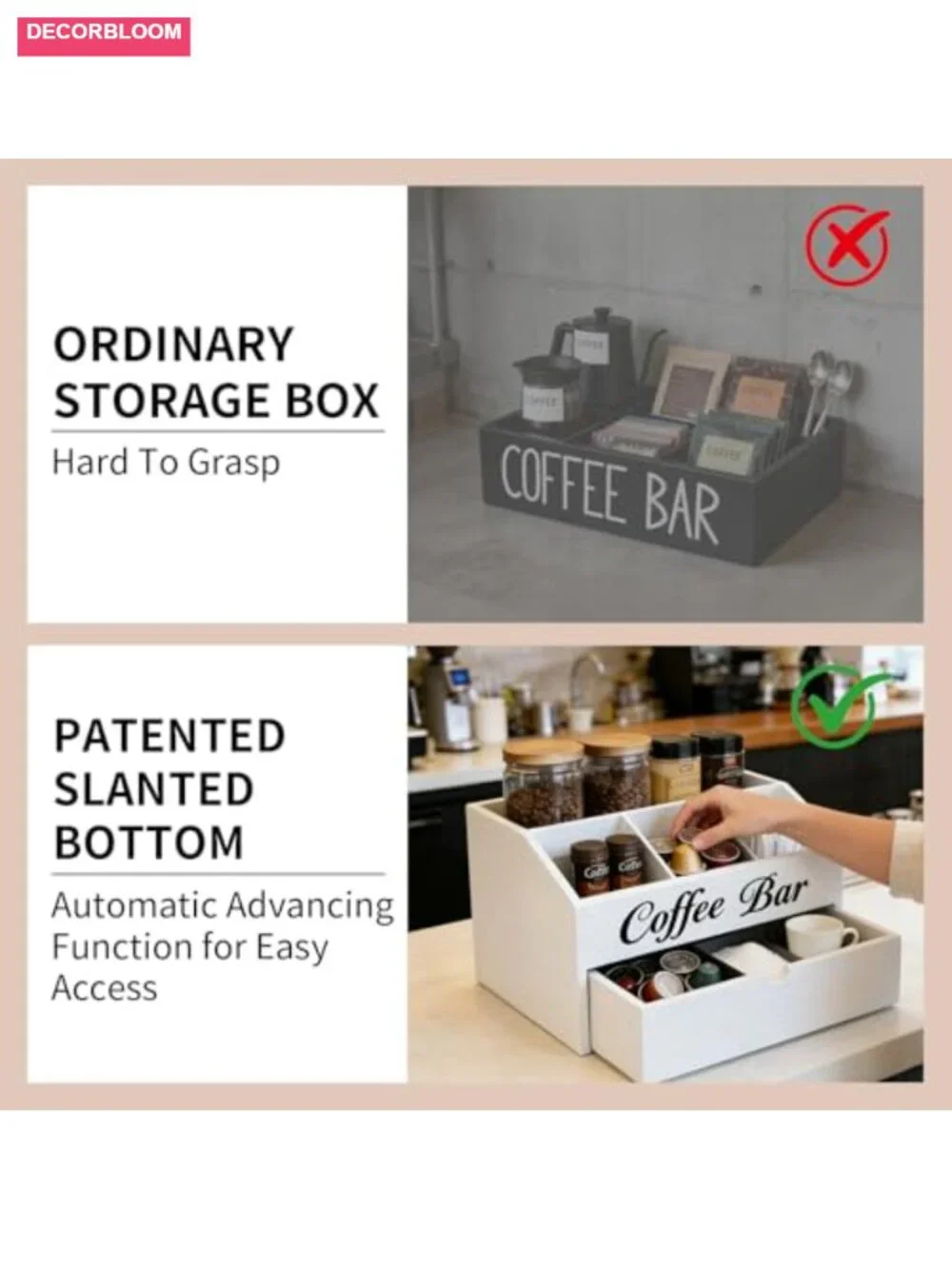 Wood Coffee Bar Organizer with Dust-Proof Drawer, 2-Tier Station